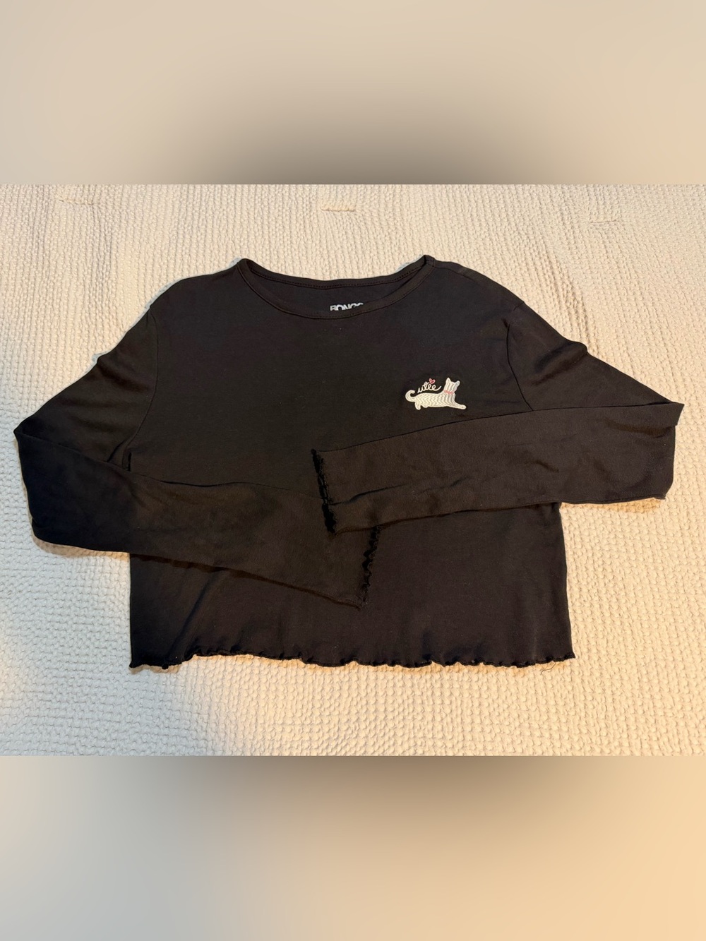 BONGO Black Long Sleeve Crop Top with Cat 'Cutie' Patch